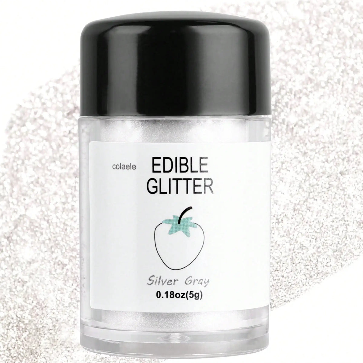 A glass jar of Silver Gray edible glitter powder with a black cap and a strawberry illustration.