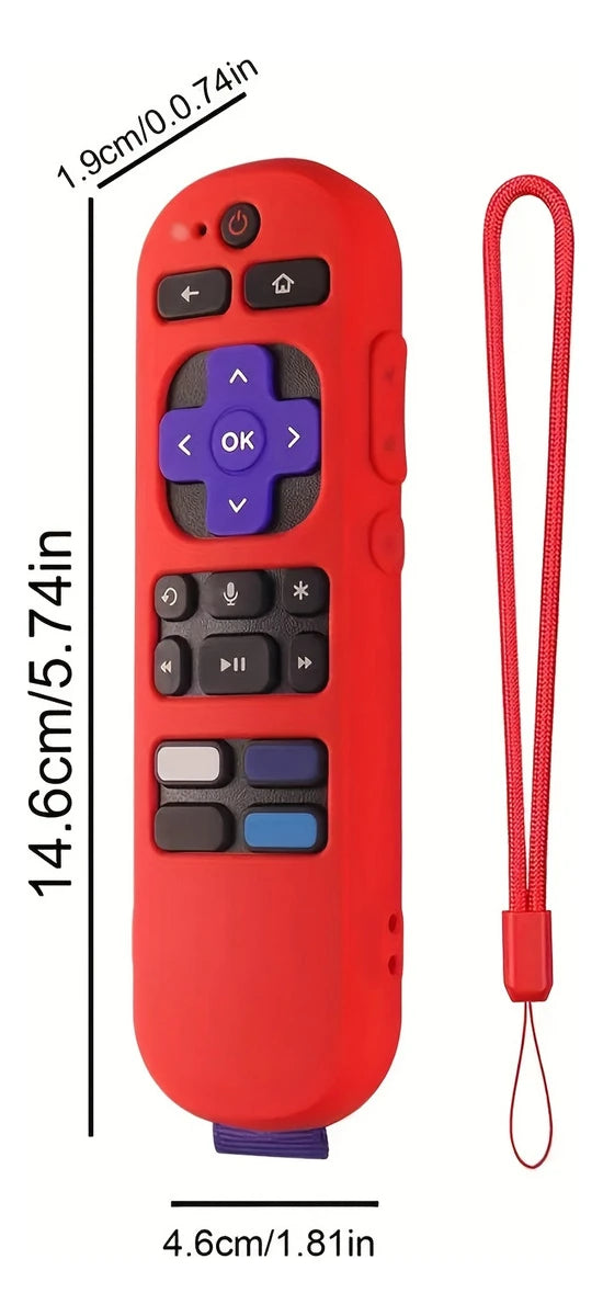 Red silicone remote cover with a lanyard for a Roku device