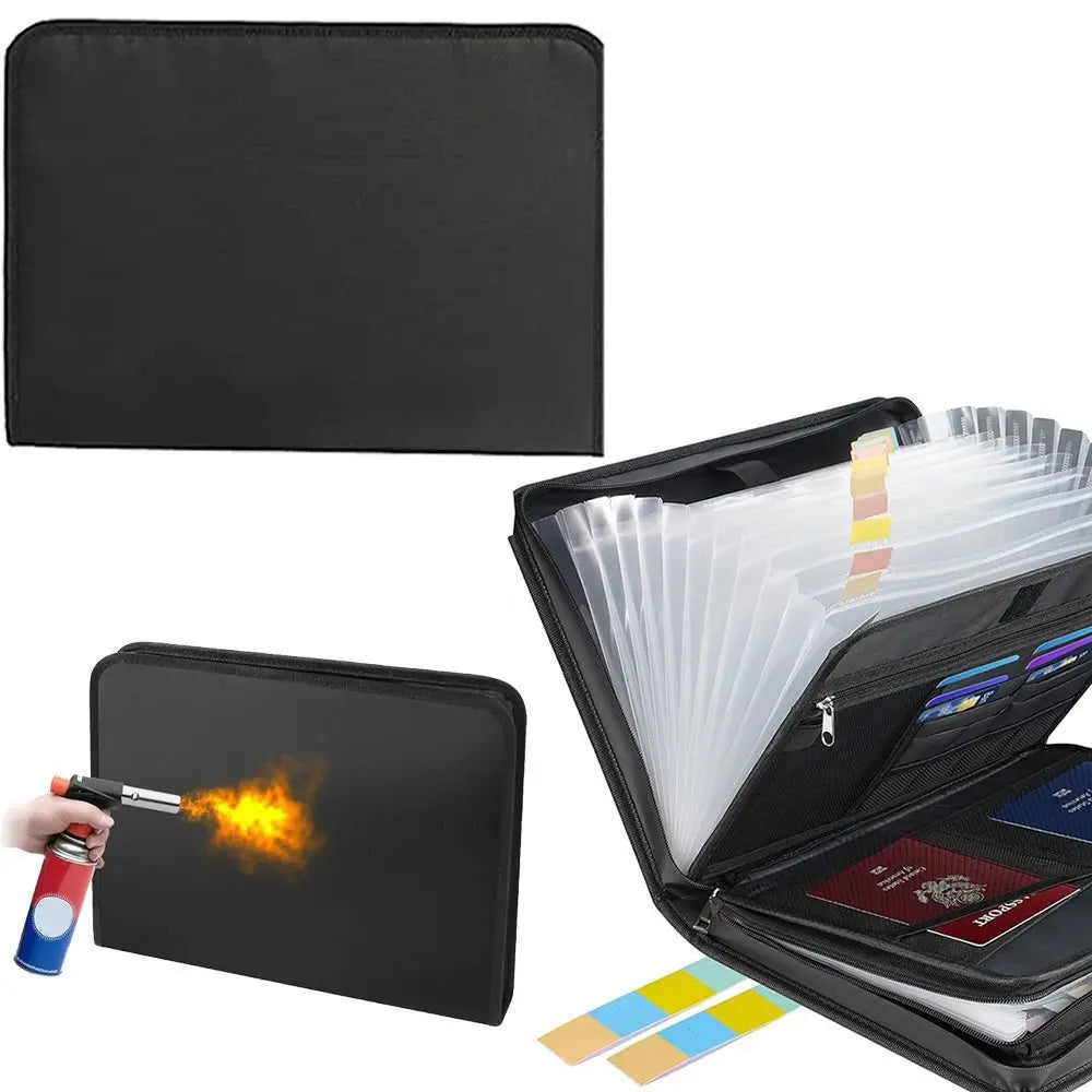 Black fireproof and waterproof expanding file organizer with multi-pocket accordion design