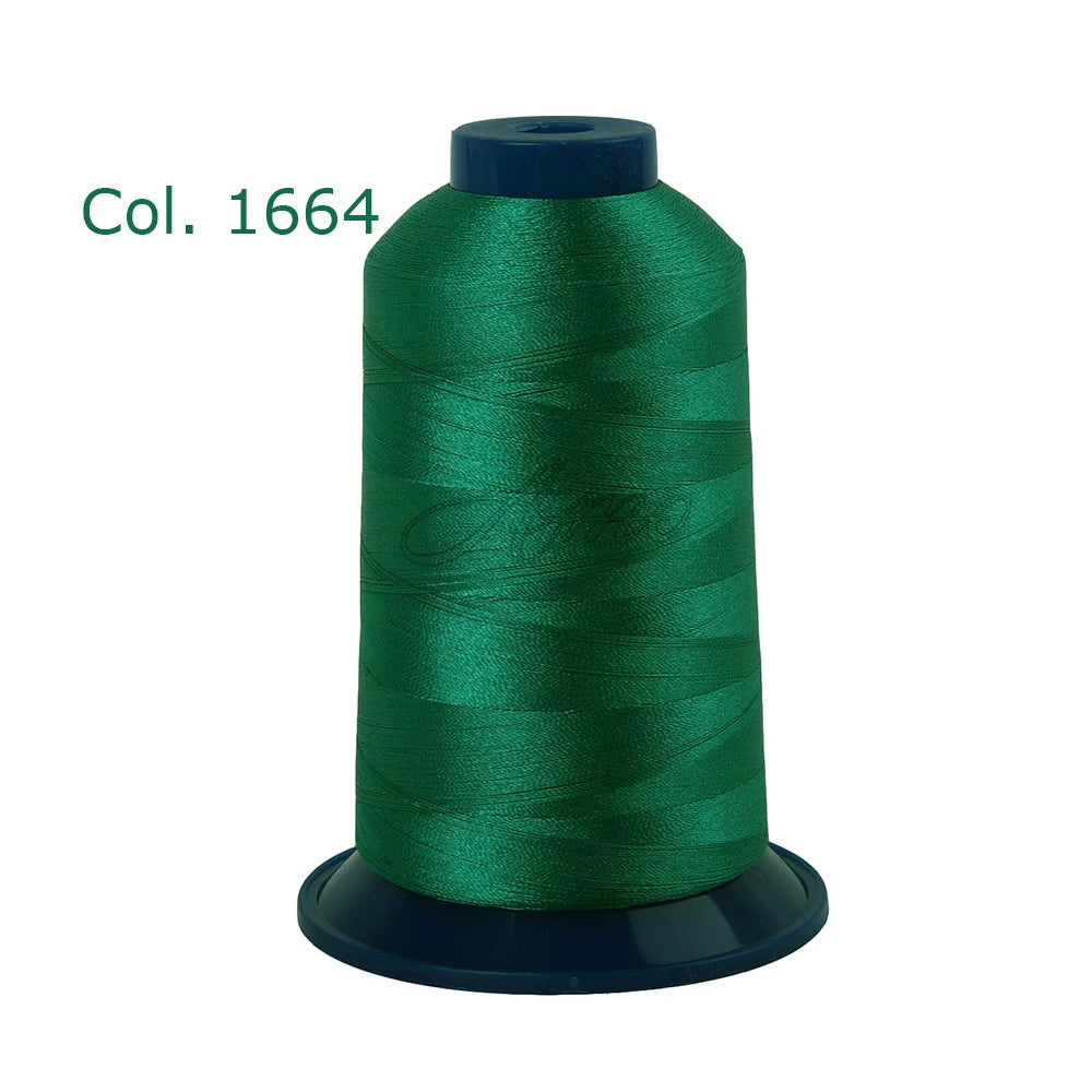 A spool of dark green polyester embroidery thread labeled Col. 1664.
