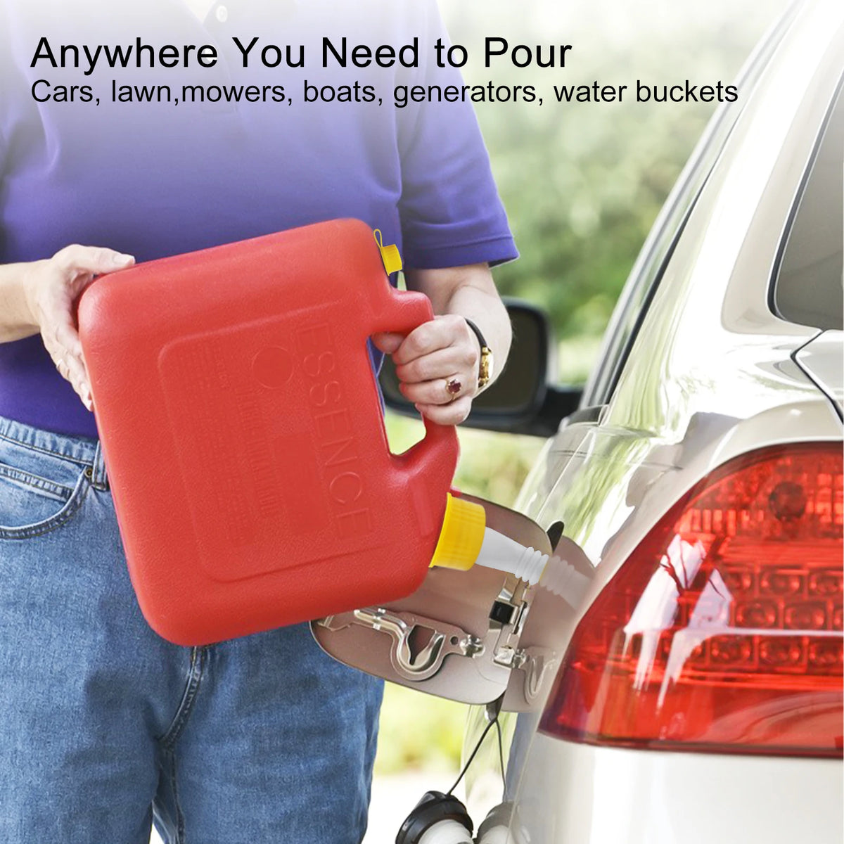 A person holds a red gas can spout replacement kit, demonstrating its use for various liquids.