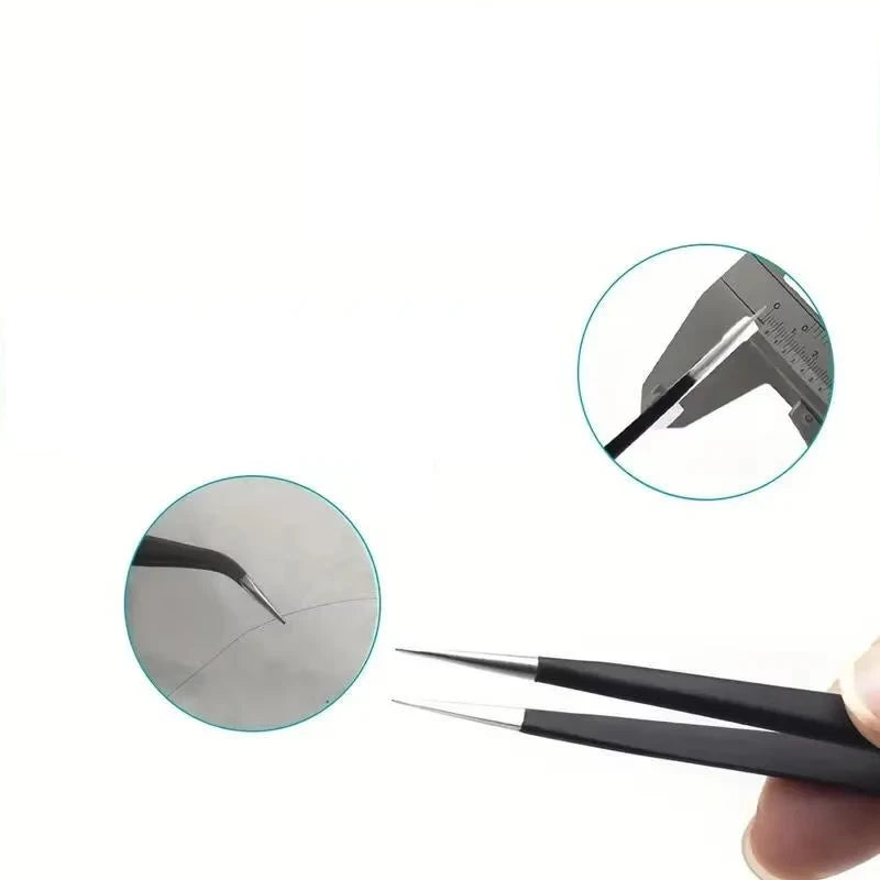 A set of six precision anti-static tweezers used for electronics repair and crafting.