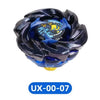 A black and blue metal spinning top toy with a launcher, labeled UX-00-07.