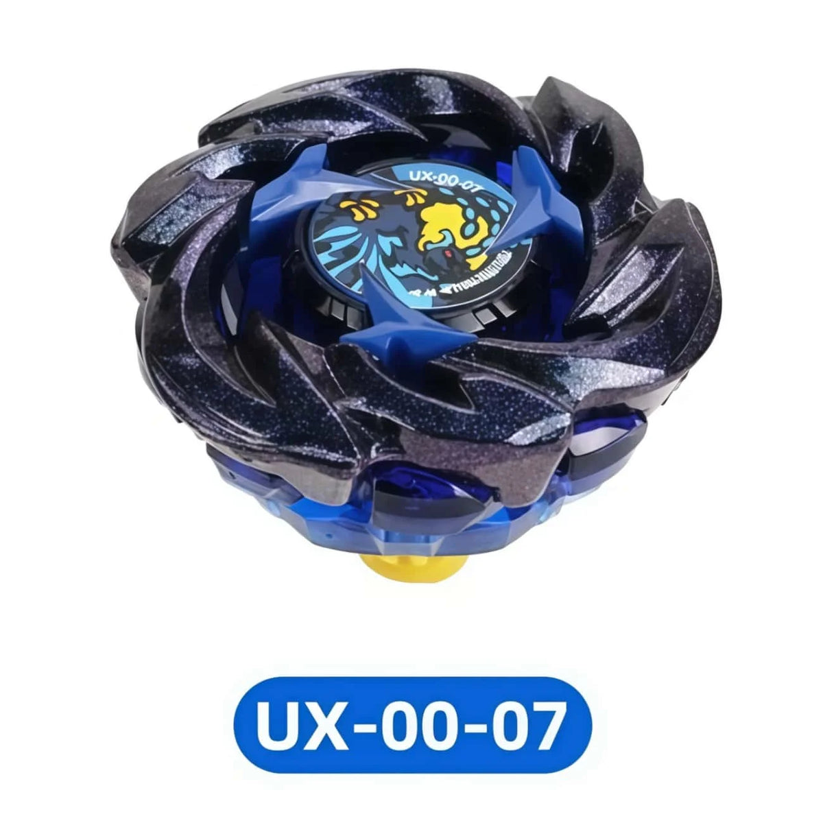 A black and blue metal spinning top toy with a launcher, labeled UX-00-07.