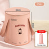 Pink foldable foot bath basin with lid and storage bag shown on a light background.