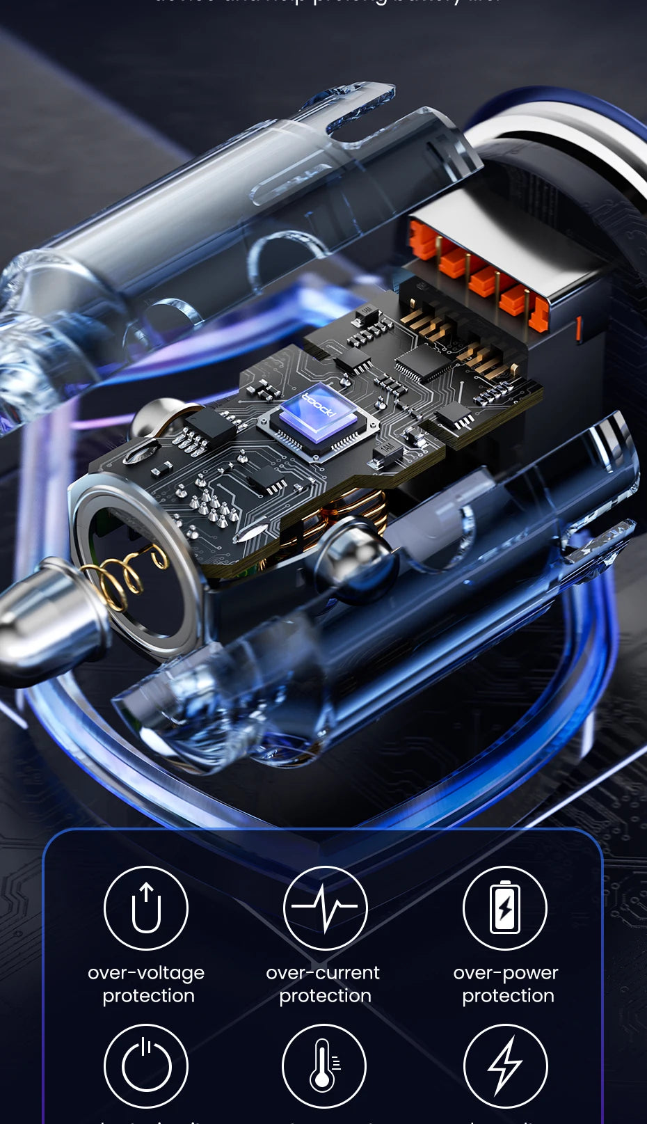 60W USB-C Car Charger with Built-In Spring Cable