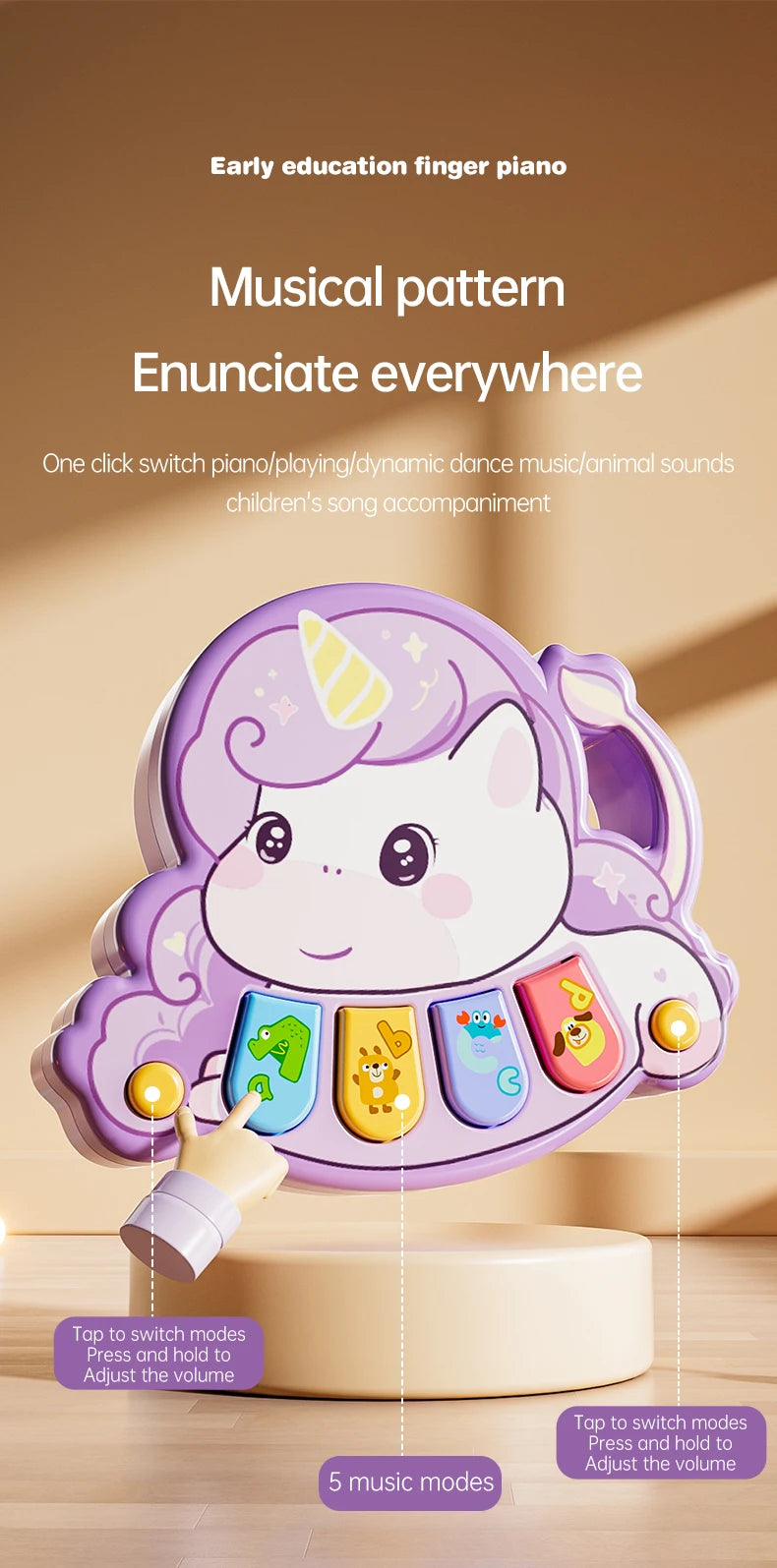 A purple and white musical pattern finger piano toy with various animal sound buttons for children's music accompaniment.