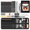 A complete drawing sketch kit featuring graphite and charcoal pencils, erasers, and a sketchbook.