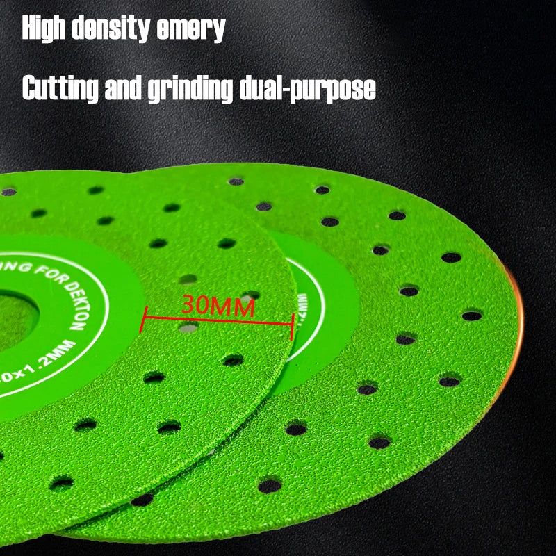 Two green diamond cutting and grinding blades are shown on a black background.