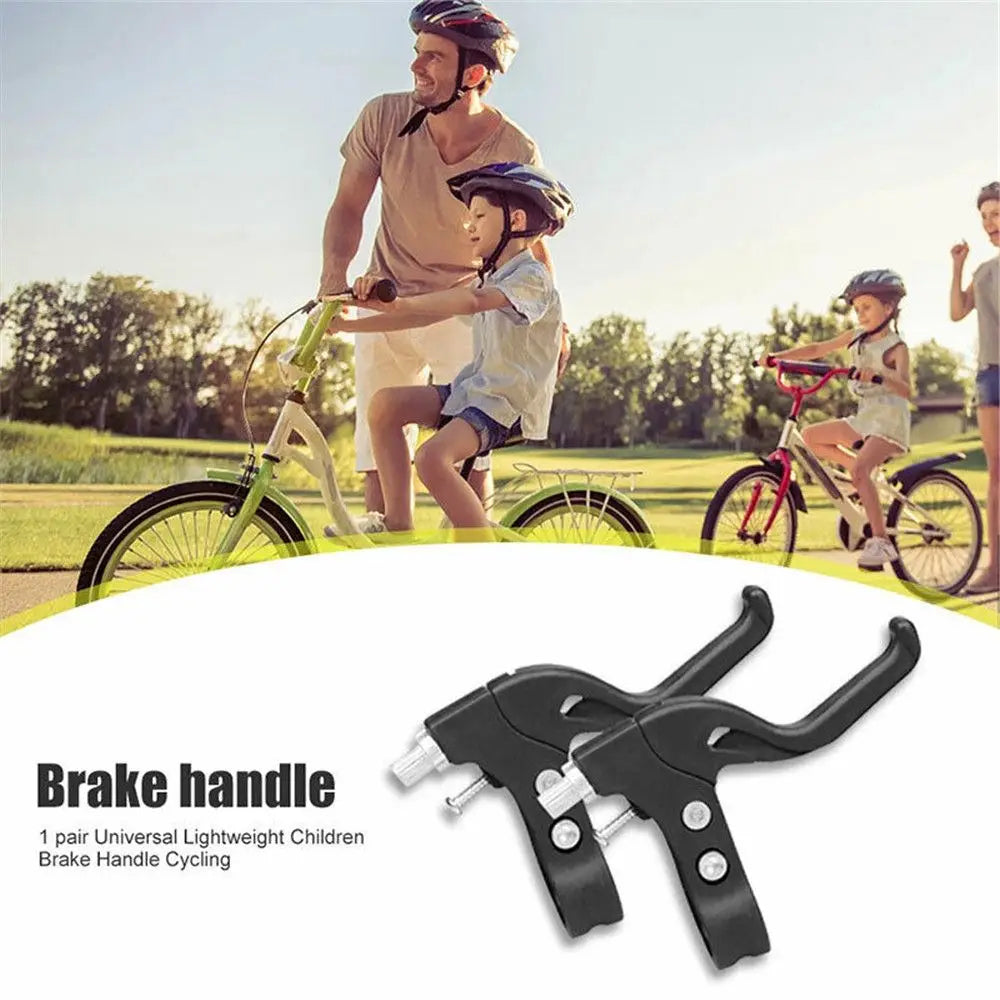 A pair of black brake handles for a bicycle shown next to children riding bikes in an outdoor setting.