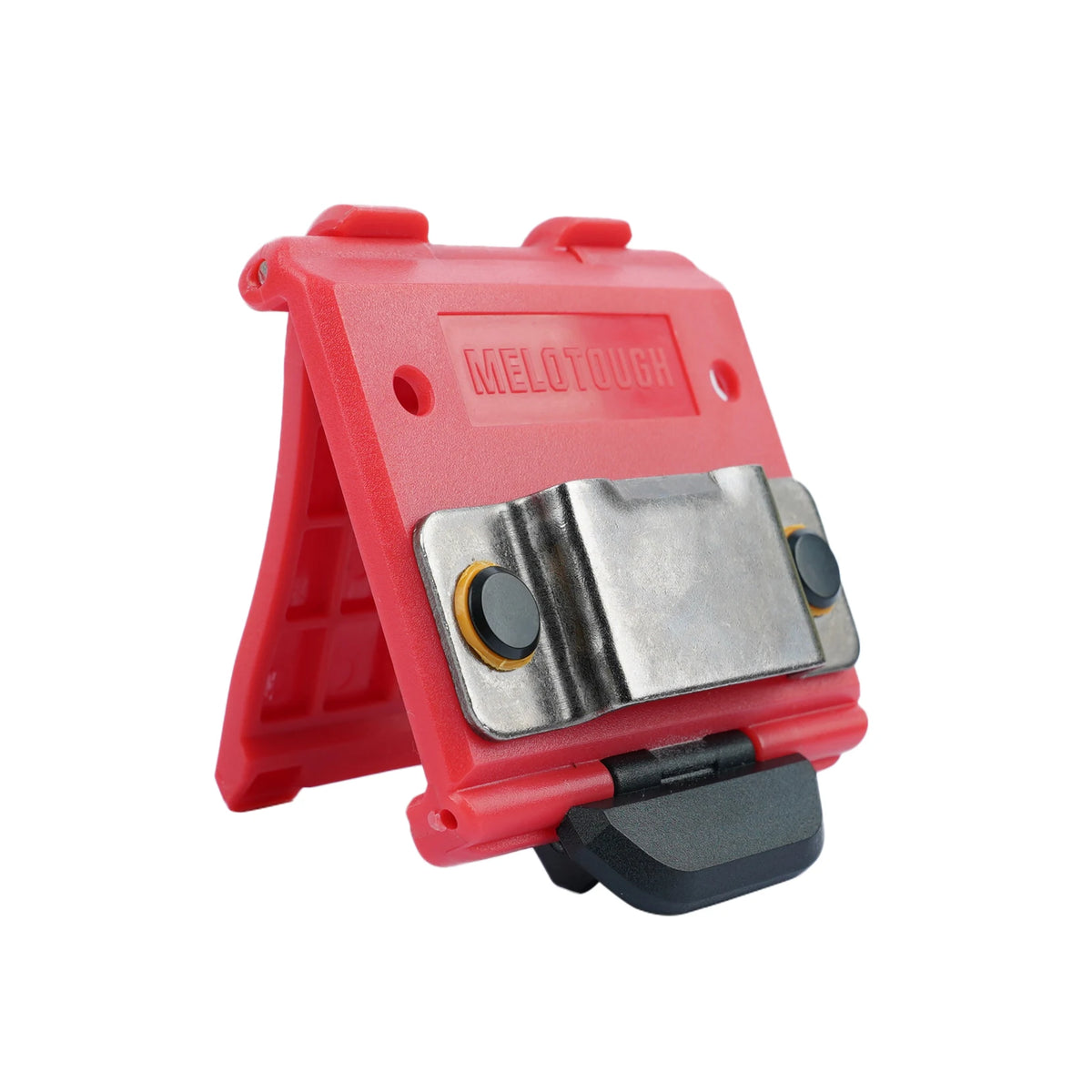 Red clip-on tape measure holder with a silver clamp and black grip.