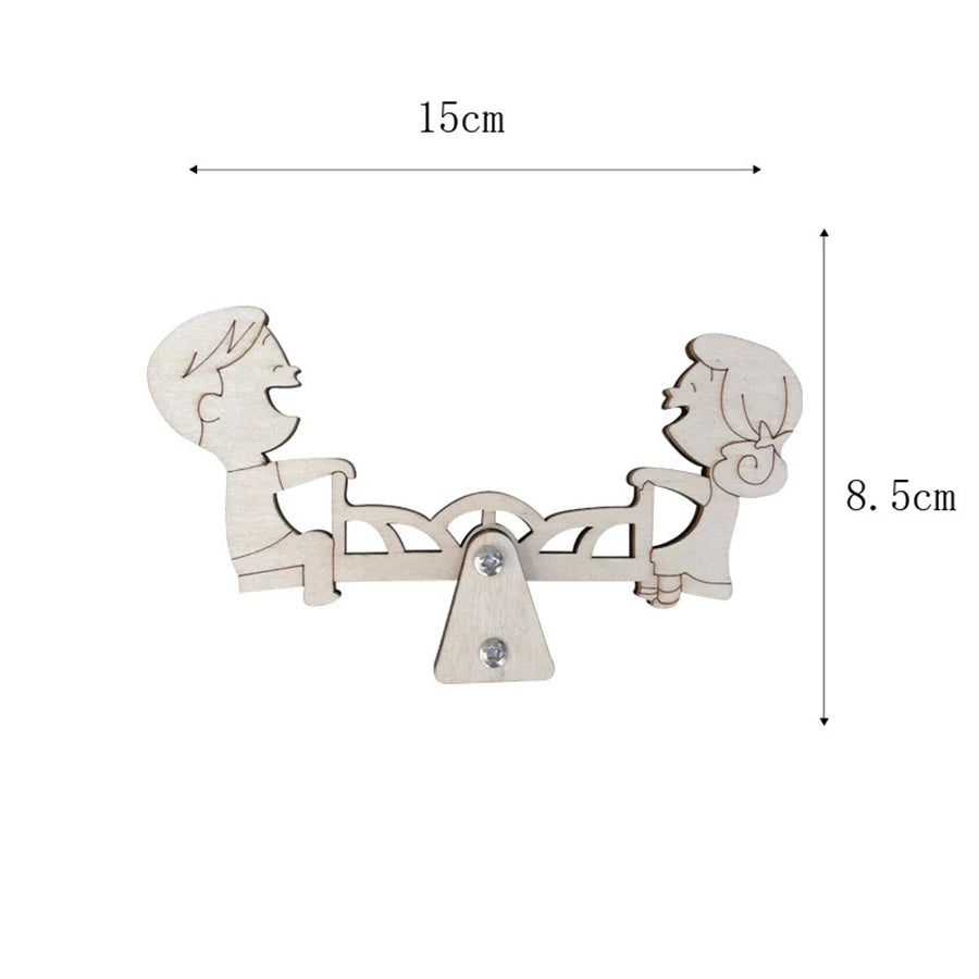 Wooden Montessori busy board parts set showing two figures connected by a wooden axle