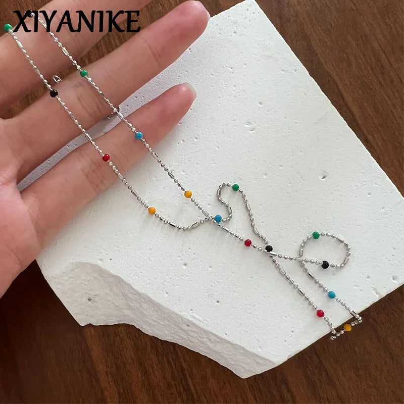 Rainbow Bead Clavicle Chain Necklace