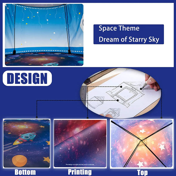 Design options for a rocket ship kids pop-up play tent showing space theme patterns and printing examples.