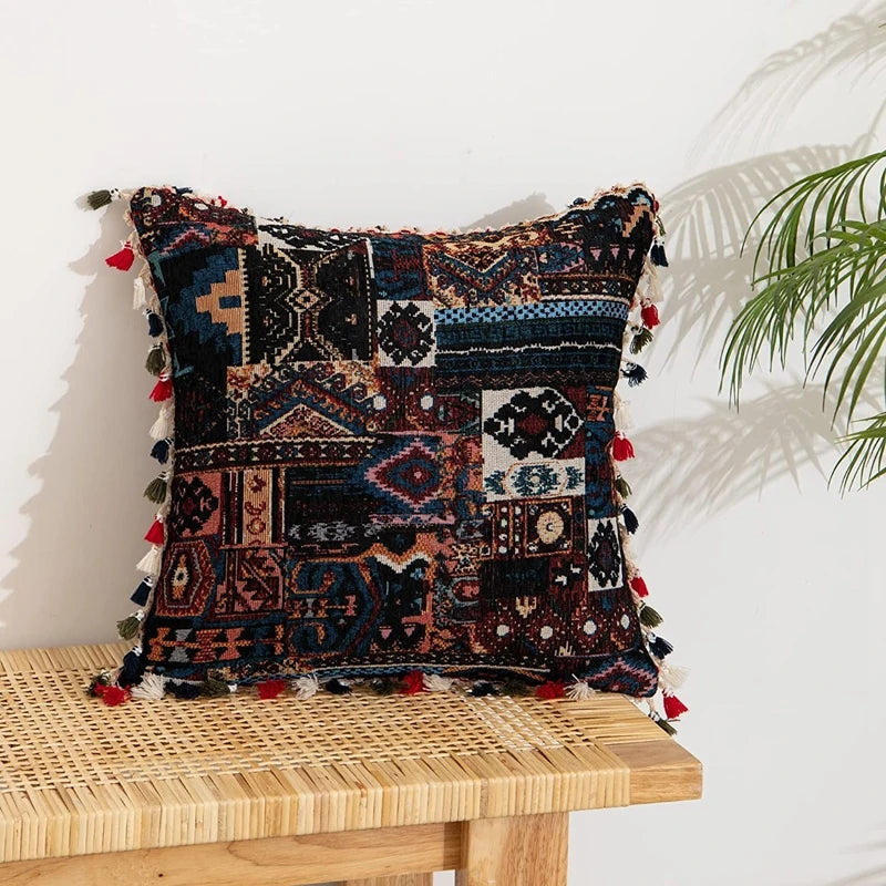 Boho Leaf-Print Tassel Throw Pillow Cover