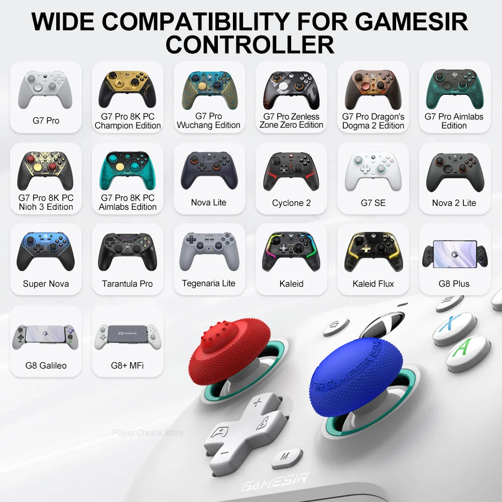 Verschiedene Silikon-Daumengrips und Controller-Zubehör auf einer weißen Oberfläche.