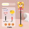 A yellow cartoon tiger basketball hoop with a red net and adjustable pole, shown next to various accessories.