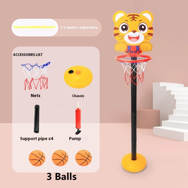 A yellow cartoon tiger basketball hoop with a red net and adjustable pole, shown next to various accessories.