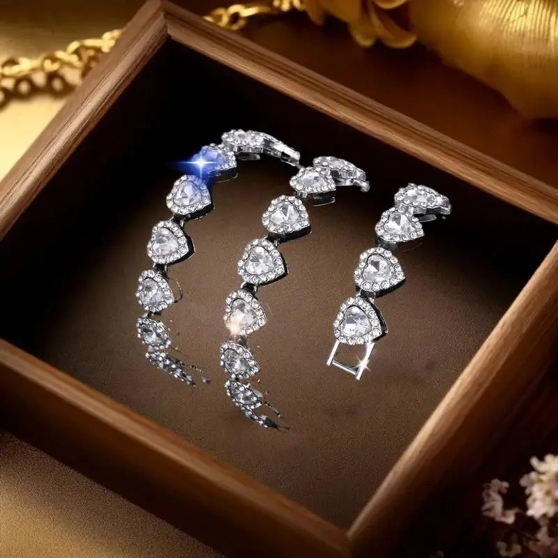 Heart Rhinestone Tennis Chain Necklace & Bracelet Set