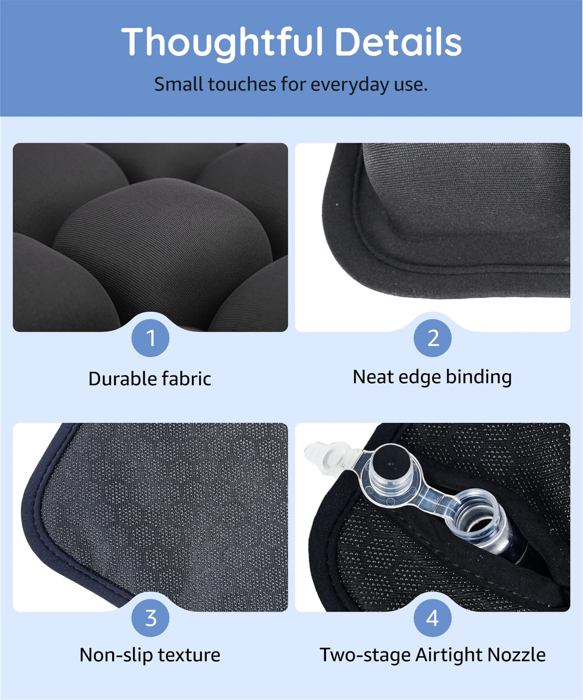 Close-up view of a black seat cushion showing durable fabric, neat edge binding, non-slip texture, and a two-stage airtight n
