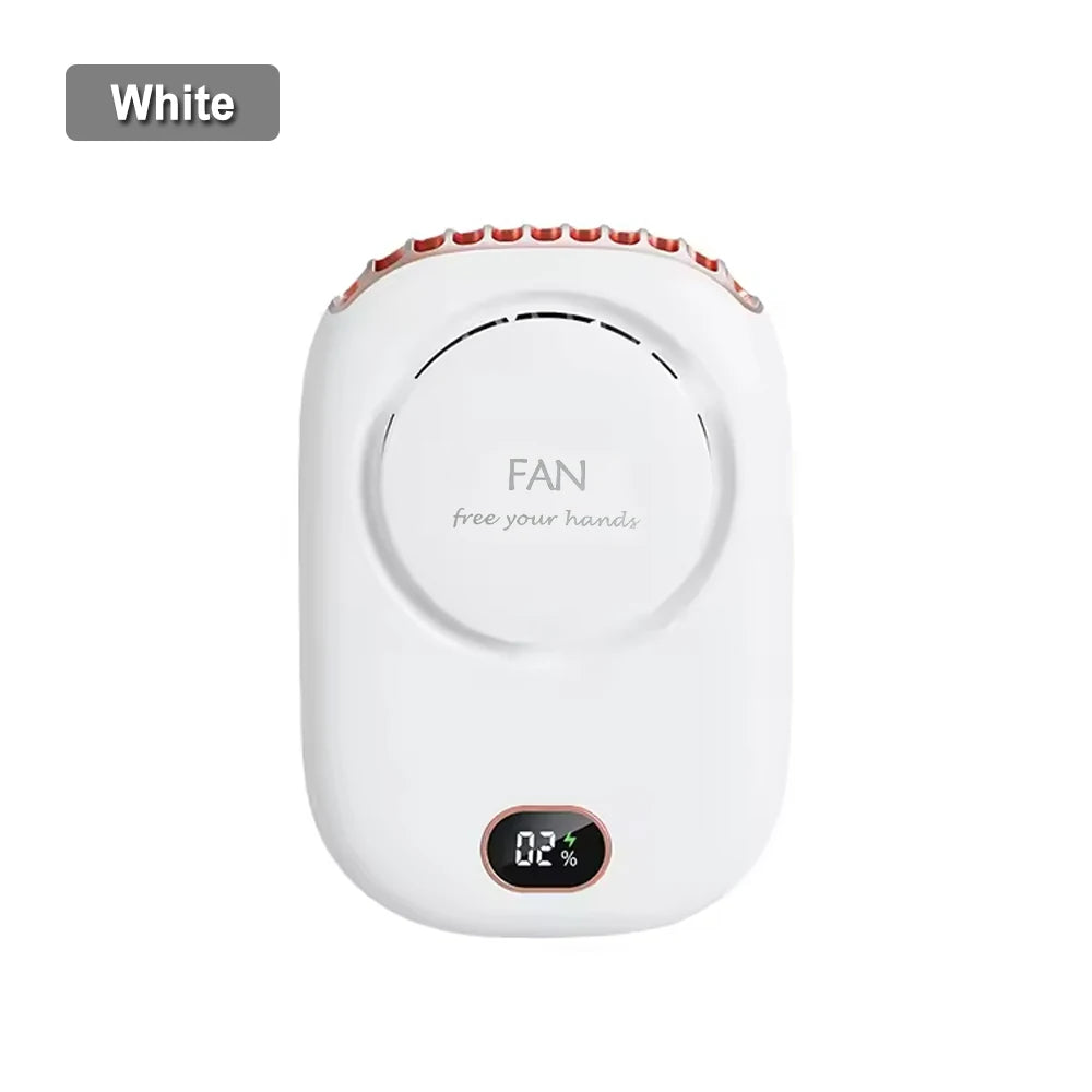 White rechargeable neck fan with a textured top and a digital display showing 02% battery life.