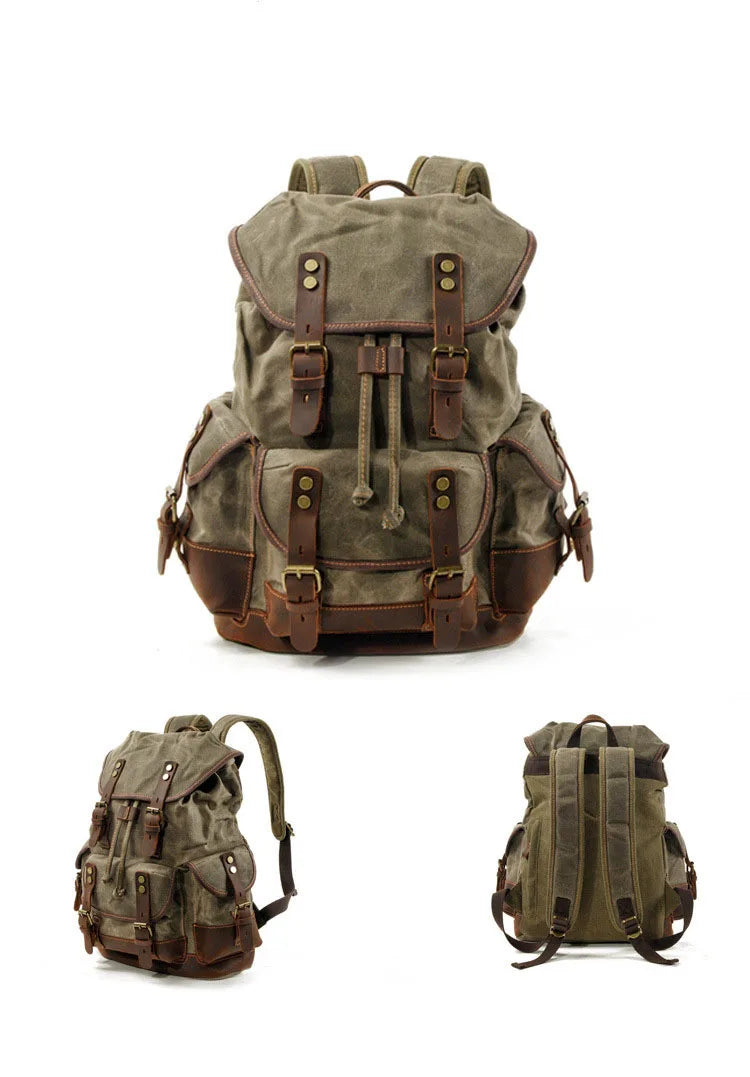 Canvas & Leather Travel Backpack – Waterproof, Large Capacity for School, Work & Hiking