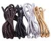 A collection of five spools of braided leather cord in dark brown, black, silver, and gold colors.