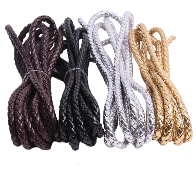 A collection of five spools of braided leather cord in dark brown, black, silver, and gold colors.