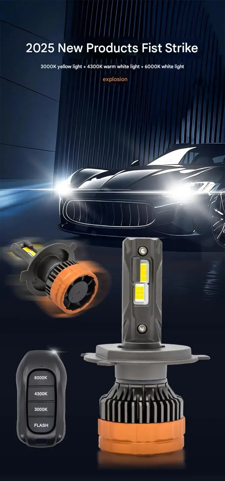 RGB Remote Control LED Headlight Bulbs with Tri-Color Modes
