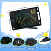 A black LCD writing tablet for kids showing a dinosaur drawing, with accessories like an eraser and lock key.