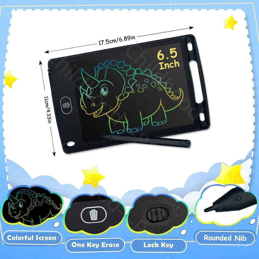 A black LCD writing tablet for kids showing a dinosaur drawing, with accessories like an eraser and lock key.