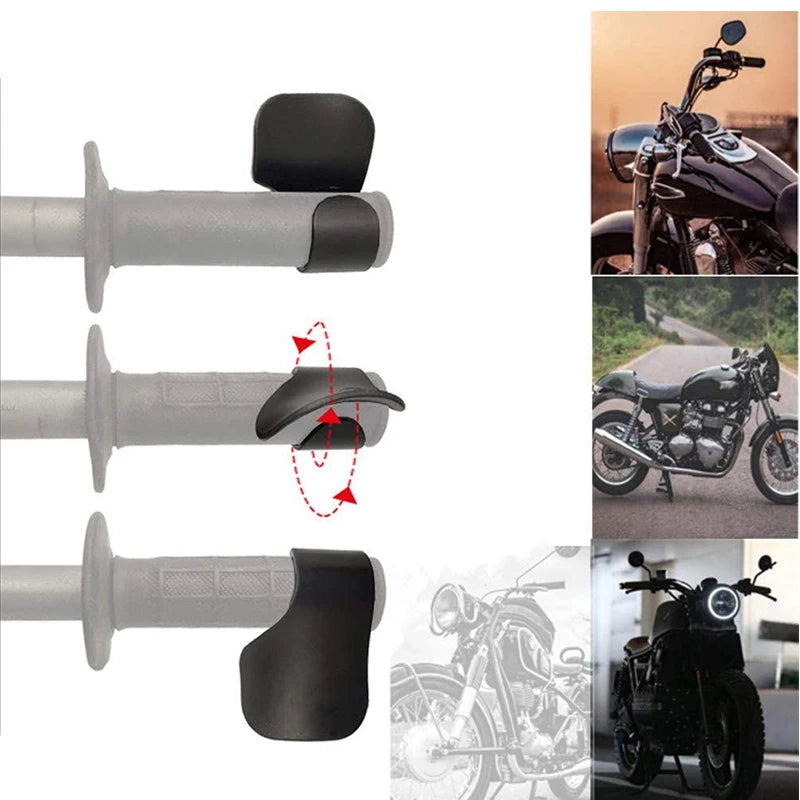 A universal motorcycle throttle assist cruise control grip shown in various configurations and mounted on a motorcycle.