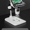 A white digital microscope with a 4.3 inch IPS screen is shown on a stand, highlighting its features.