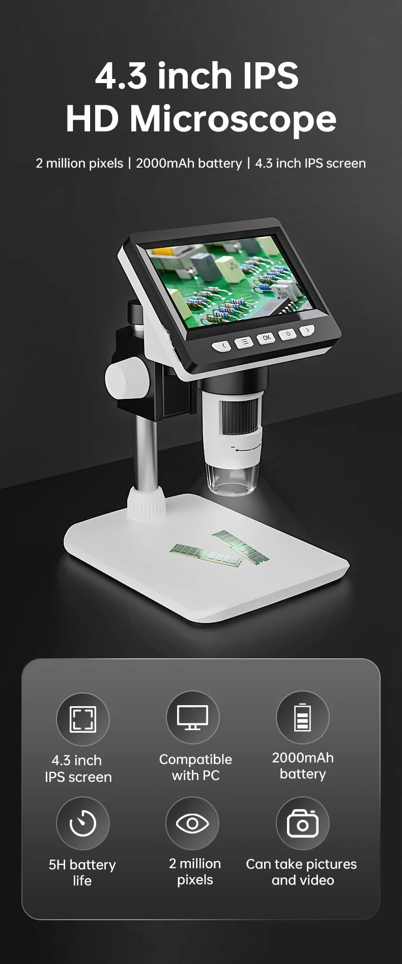 A white digital microscope with a 4.3 inch IPS screen is shown on a stand, highlighting its features.