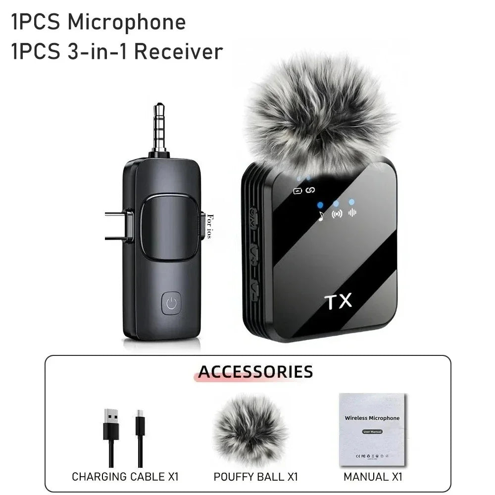 A black 3-in-1 receiver unit with a fuzzy microphone attachment and accessories shown next to it.