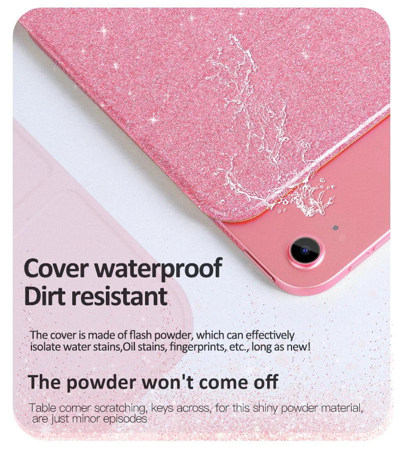 Rosa glitzernder Schutzdeckel auf rosa Smartphone, der seine wasserdichten und verschmutzungsfesten Eigenschaften demonstrier