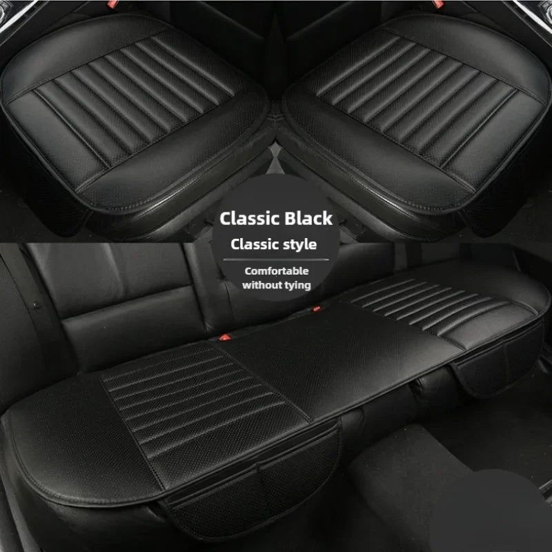 Classic black leather car seat covers shown in various angles, highlighting the breathable style.