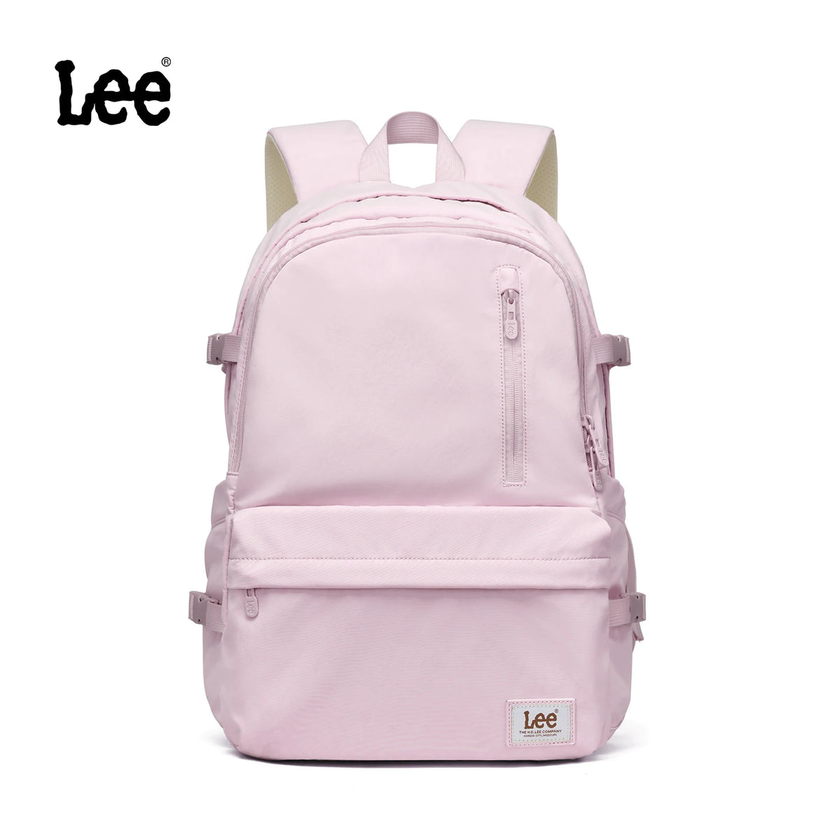 A light pink Lee ultralight water-resistant laptop backpack with a beige lining.