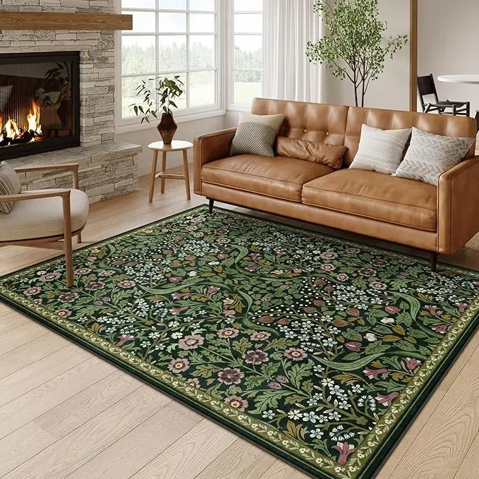 A long, rectangular carpet mat featuring a dense floral vine pattern in shades of green, pink, and white, placed on a light w