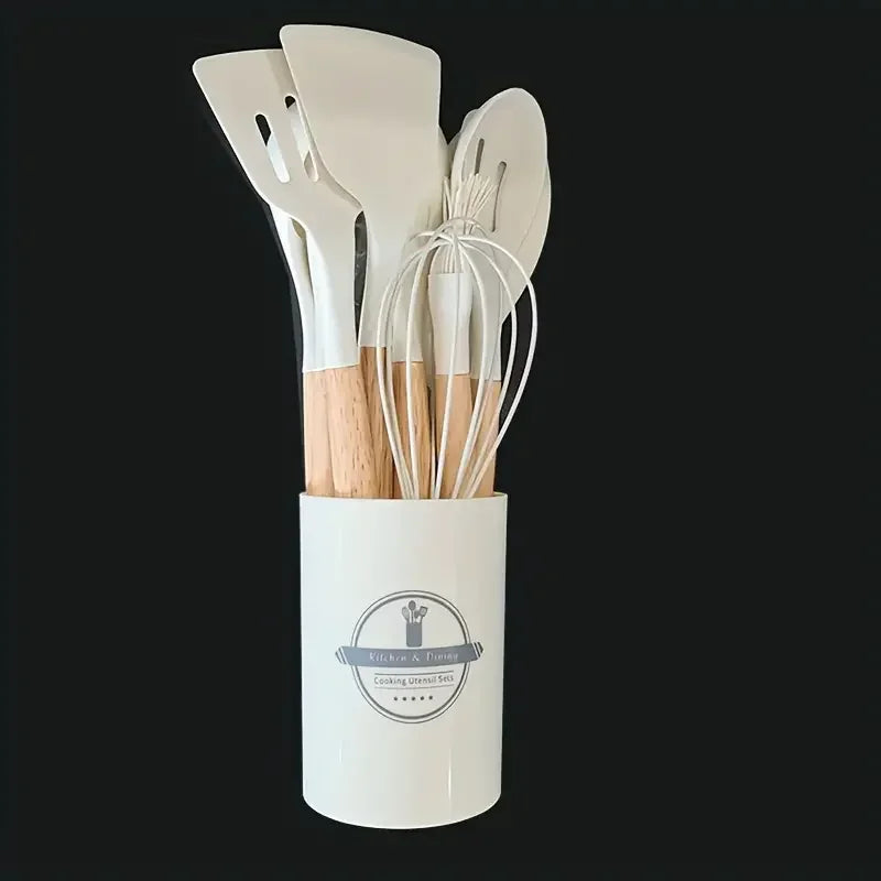 Ensemble de 12 Ustensiles de Cuisine en Silicone avec Manches en Bois