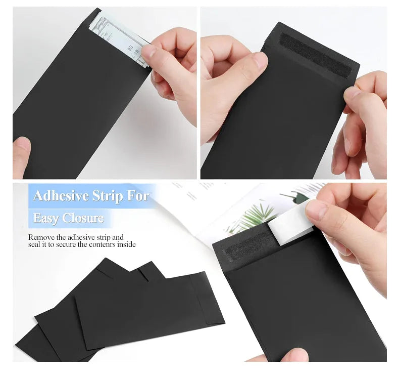 Black adhesive strip for easy closure on kraft paper cash envelopes