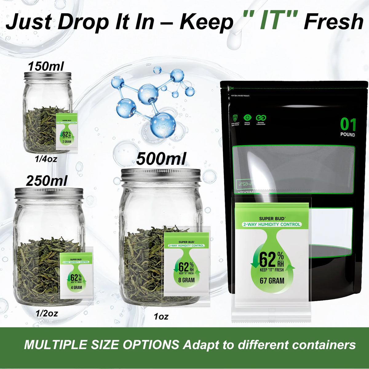 Multiple size options for 2-way humidity control packs containing herbs and flowers.