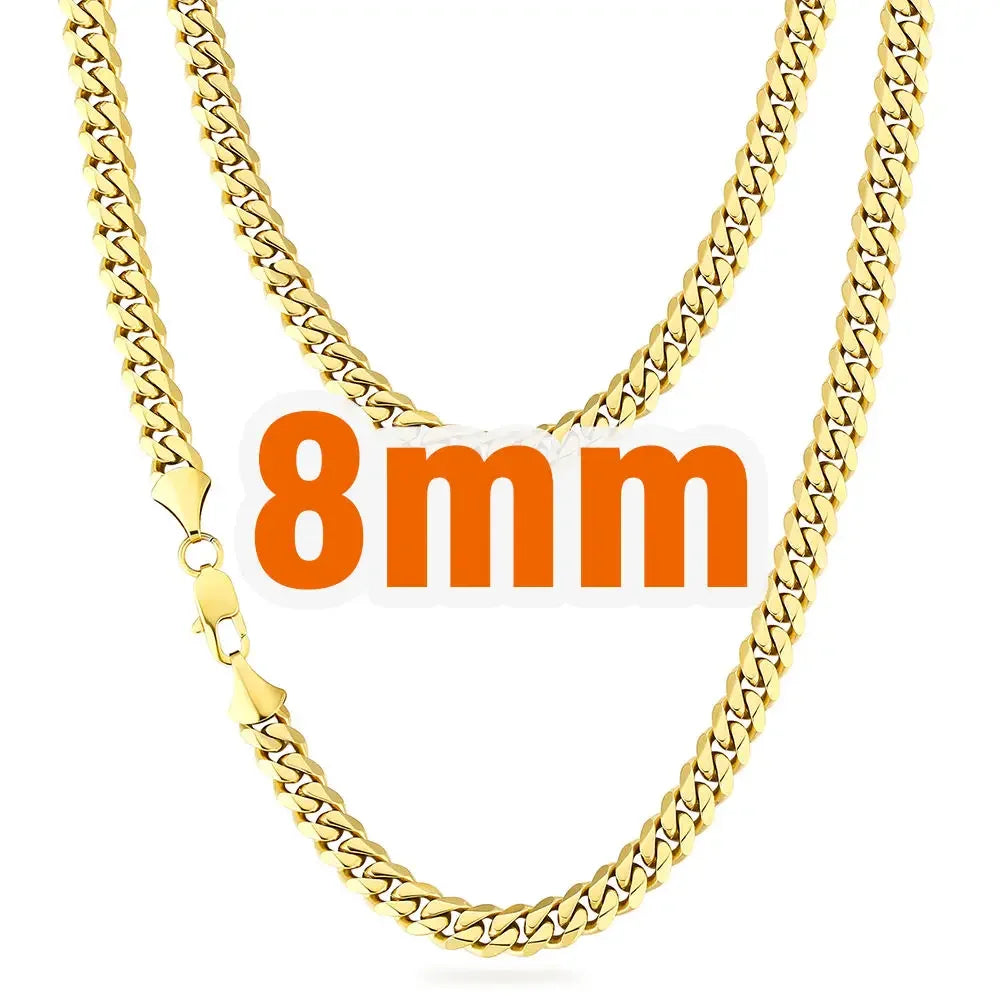 A close-up of a 8mm 14K gold Miami Cuban link necklace chain.