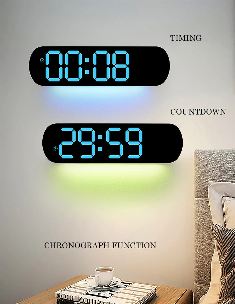 A wall-mounted digital clock displaying 00:08, 29:59, and a chronograph function on a light gray wall.