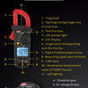 Diagram showing the gear and function keys of a digital clamp meter, including various buttons and display features.