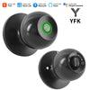 A black smart fingerprint door lock device shown in two views, highlighting its design and features.