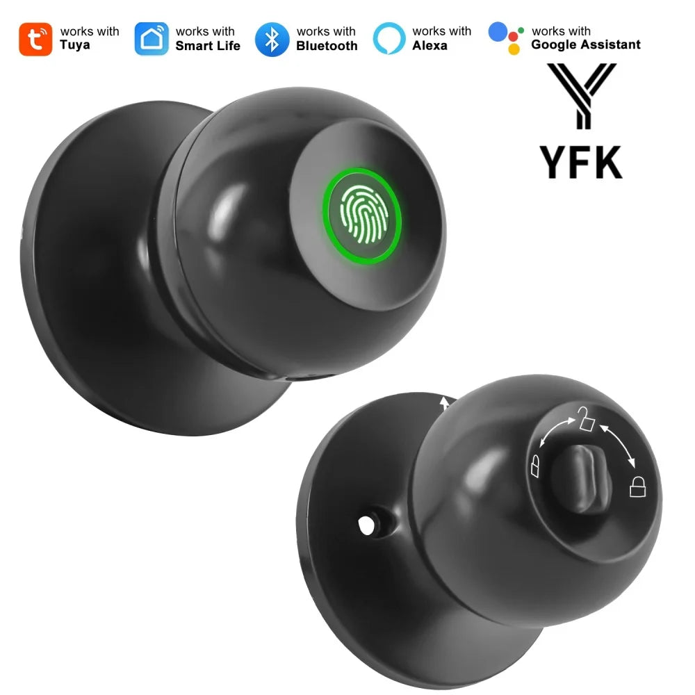 A black smart fingerprint door lock device shown in two views, highlighting its design and features.