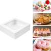 White bakery boxes with clear windows for cookies, pastries, and party treats like macarons, biscuits, cupcakes, and donuts.