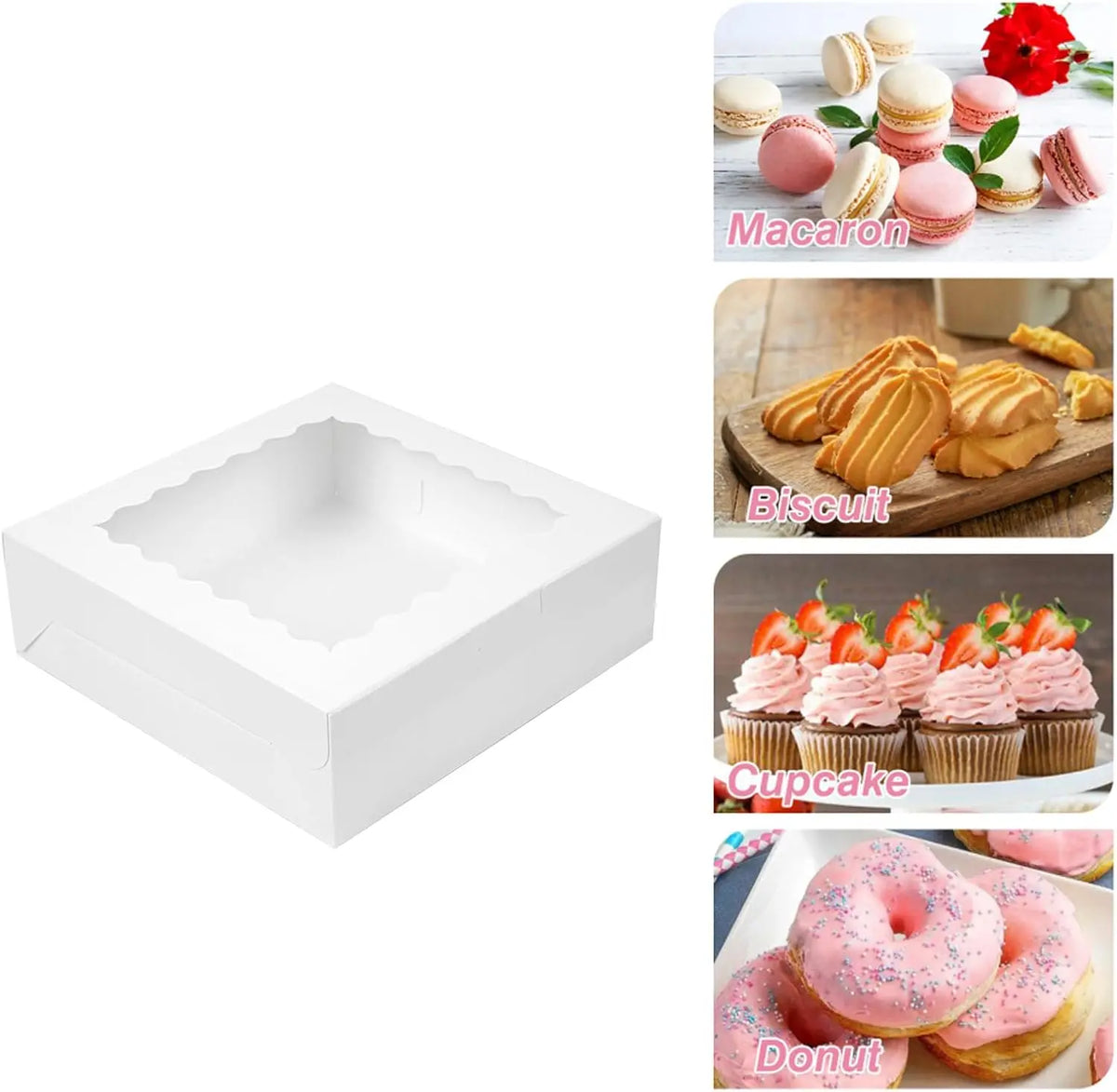 White bakery boxes with clear windows for cookies, pastries, and party treats like macarons, biscuits, cupcakes, and donuts.