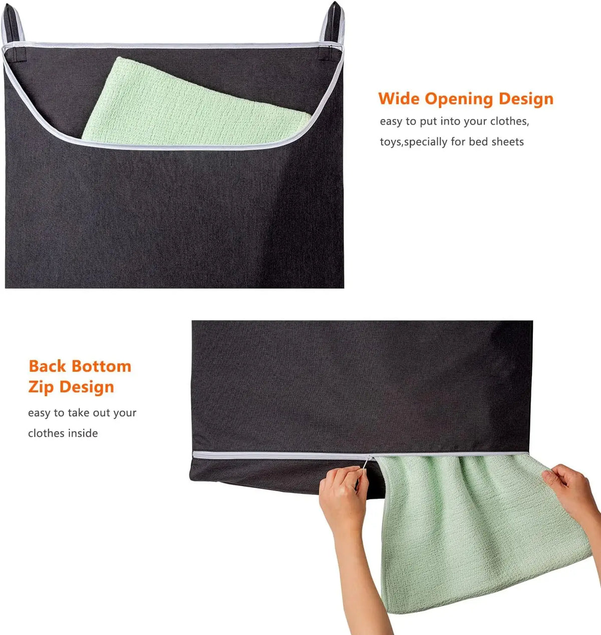 A black hanging laundry hamper with a wide opening design and a back bottom zip for easy access to clothes.